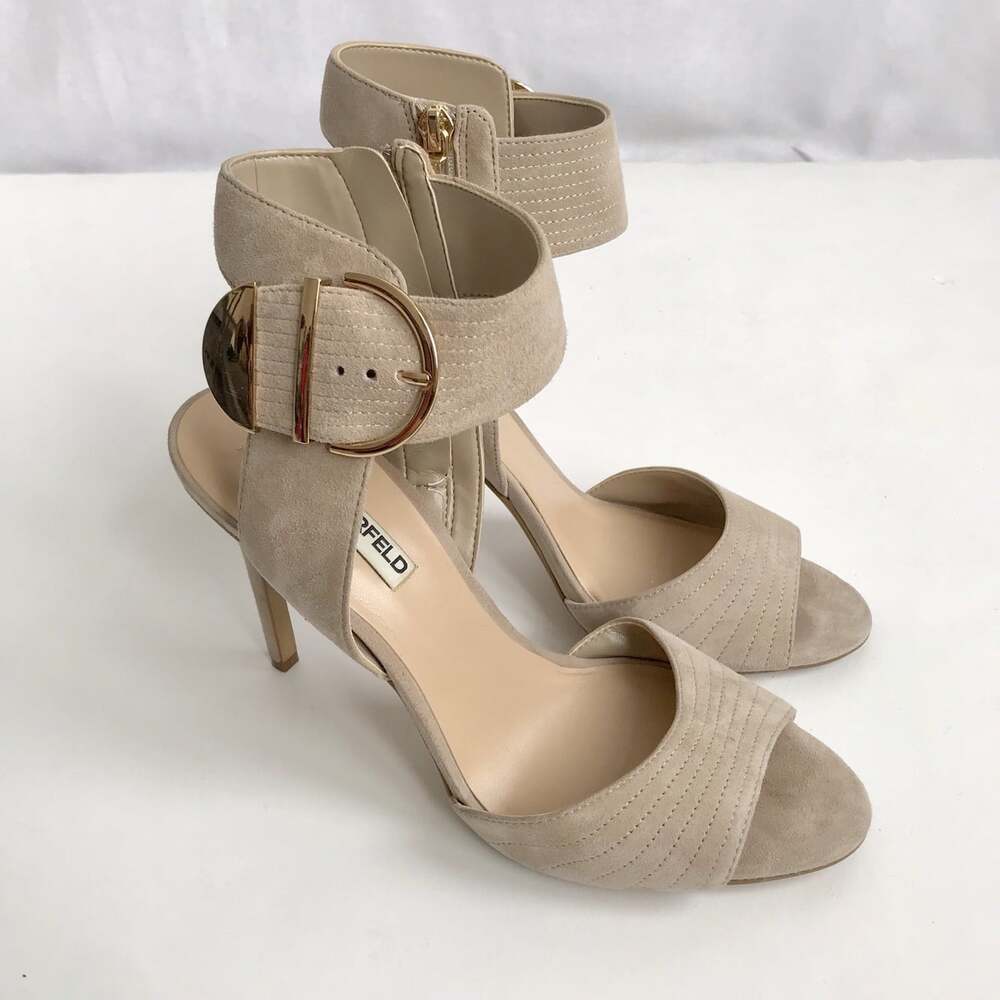 Karl Lagerfeld Paris 10M Beige Suede Lyra Stiletto Peep Toe Heels Sandal Buckle